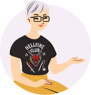 Portrait of Stéphanie wearing a Hellfire Club t-shirt, a reference to the Stranger Things series.